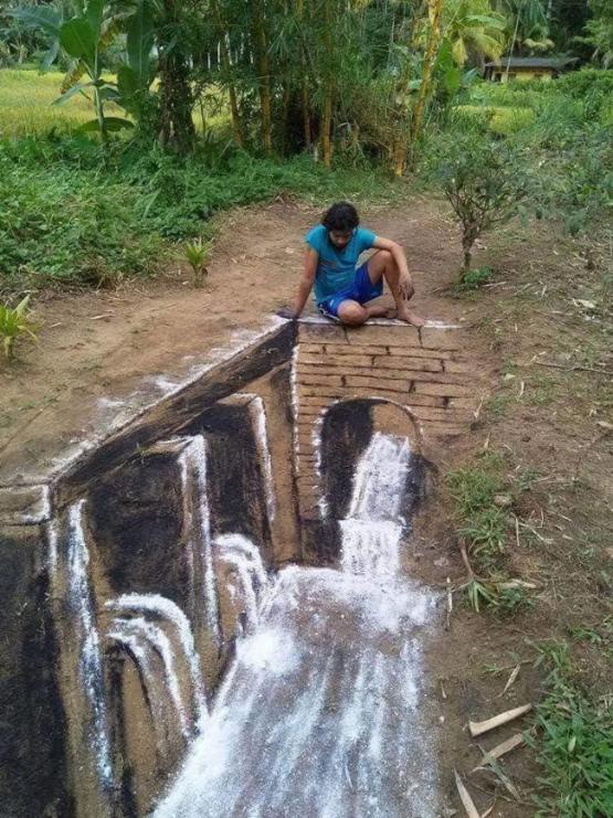 Эту 3D-картину художник на Шри-Ланке сделал на земле с помощью угля и муки